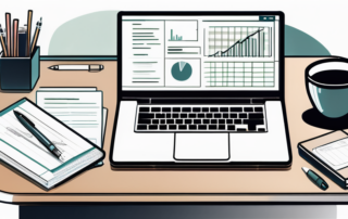 Gut organisiertes Buero mit Laptop, Finanzunterlagen, Kaffeetasse und Stift, Symbol fuer Produktivitaet und Finanzplanung.