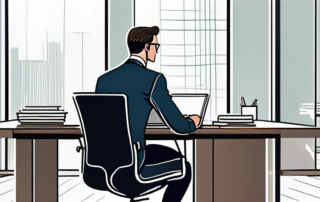 Professioneller sitzend am ordentlichen Schreibtisch in modernem Buero, fokussierte Diskussion, produktive Verhandlungsumgebung.