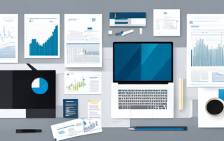 Moderner Arbeitsplatz mit Laptop, Notizblock, Stift und Finanzdokumenten zur Unterstuetzung von Gehaltsverhandlungen mit Daten.