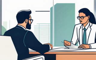 Selbstbewusster Profi im Gespraech mit Manager bei Gehaltsverhandlung im modernen Buero.