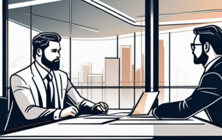 Selbstbewusster Profi in Geschaeftsmeeting, dynamisches Buero mit modernen Moebeln, Verhandlungsatmosphaere.