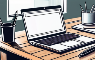 Moderner Arbeitsplatz mit Laptop, Notizblock und Stift auf poliertem Holzschreibtisch, ideal fuer strategische Planung.