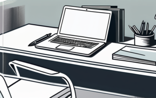 Modernes Buero mit poliertem Schreibtisch, Laptop, Notizbuch und Stift, Symbol fuer Vorbereitung und Professionalitaet.