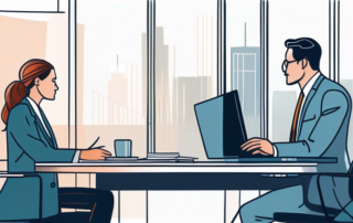 Buerogespräch zwischen zwei Geschaeftsleuten ueber Gehaltserhoehung am modernen Schreibtisch.