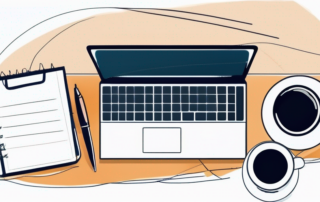Professioneller Arbeitsplatz mit Laptop, Notizblock und Kaffeetasse, symbole fuer Produktivitaet und Effizienz.