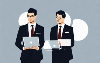 Selbstbewusster Business-Profi im modernen Buero mit Tablet und Haendedruck-Symbolen fuer Verhandlungsdynamik.