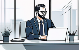 Professioneller in Businessanzug bei Besprechung im modernen Buero mit Laptop und Dokumenten.