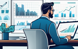 Businessprofi analysiert Finanzdiagramme und Gehaltswachstum, moderner Buerohintergrund.