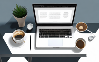 Professioneller Arbeitsplatz mit Laptop, Notizbuch und Kaffeetasse, ideal fuer effektives Bewerbungscoaching.