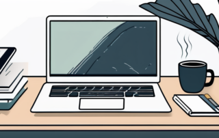 Professionelle Arbeitsumgebung mit Laptop, Kaffee und Buerozubehoer zur Vorbereitung von Gehaltsverhandlungsstrategien.