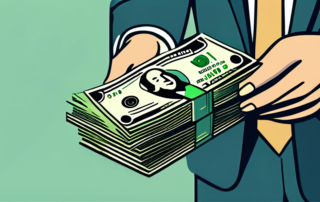 Lachender Profi mit Geldstapel zeigt erfolgreichen Gehaltsverhandlung in modernem Buero.