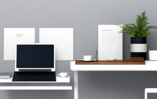 Minimale Schreibtischumgebung mit Laptop, Kaffeetasse und ordentlich angeordnetem Schreibwaren.