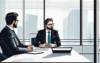 Selbstbewusster Geschaeftsmann im Gespraech mit Arbeitgeber im modernen Buero.