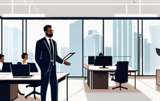 Professionell gekleidete Person praesentiert selbstbewusst in modernem Buero, steht fuer strategische Bewerbungsansaetze, produktive Arbeitsatmosphaere mit Laptops und Kaffeetassen.