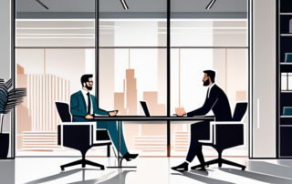 Junge Fachkraft im Business-Outfit schuettelt zuversichtlich die Hand eines Executives im modernen Buero.