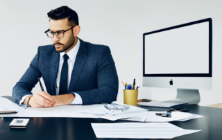 Professioneller prueft Lebenslauf konzentriert an ordentlichem Schreibtisch.