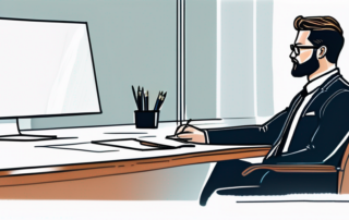 Selbstbewusster Bewerber in Business-Kleidung verhandelt am modernen Buero-Schreibtisch mit aufmerksamem Personalleiter, Laptop und Notizbuch arrangiert.