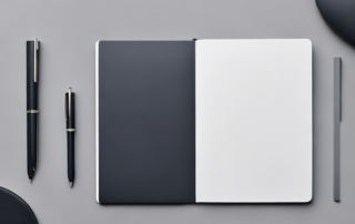 Polierter Arbeitsplatz mit Laptop, Notizbuch und Stift, minimalistisch und professionell.