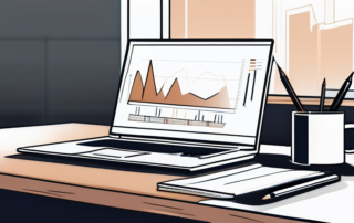 Elegantes Buero mit Holztisch, offenem Laptop mit Graph, Notizblock und Stift fuer Gehaltsverhandlungsvorbereitung.