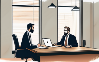 Professionelles Buero mit Geschaeftsmeeting, Manager und Mitarbeiter im Gespraech am polierten Holztisch