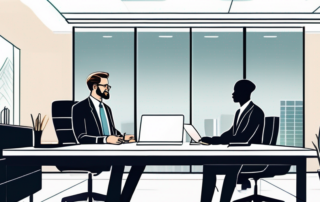 Serene office with confident professional and manager in discussion, modern desk, subtle lighting for mutual respect.