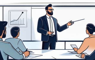 Selbstbewusster Profi praesentiert Bericht in modernem Buero vor aufmerksamen Kollegen am Whiteboard.