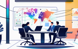 Dynamisches Buero mit Teamdiskussionen, innovativen Brainstorming-Sitzungen und einem bunten Mindmap mit Strategiewegen.