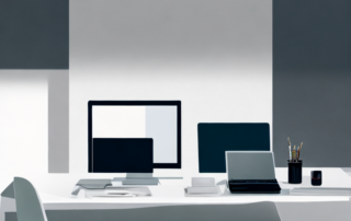 Professioneller am modernen Schreibtisch mit Laptop und Notizblock vor gut organisiertem Buecherregal im eleganten Buero.