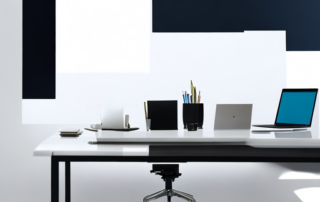 Selbstbewusster Profi im modernen Buero bei fokussierter Besprechung mit Laptops und Dokumenten auf poliertem Tisch.