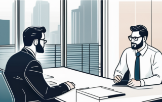 modernes buero, selbstsicherer angestellter im gespraech mit chef, betont aufwaertswachstum und berufliche anerkennung