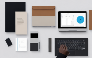 Moderner Bueroarbeitsplatz mit Laptop, Notizblock und Stift auf Holztisch, zeigt Professionalitaet und Vorbereitung.