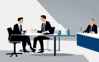 Buerobesprechung zwischen leitendem Angestellten und Profi, moderne Arbeitsplatzdeko, strategische Diskussion.