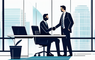 Selbstbewusster Manager und Mitarbeiter bei Handschlag im modernen Buero, erfolgreiche Kommunikation.