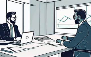 Professionelles Buero mit zwei Personen im Gespraech, Laptop und Notizblock auf dem Schreibtisch, formale Verhandlungsatmosphaere.