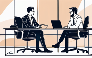 Modernes Buero minimalistisch zwei Personen ernstes Gespraech am Schreibtisch