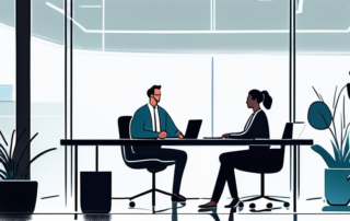 Ruhiges Buero mit zwei Personen im gespraech am Schreibtisch.