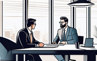 Selbstbewusster Geschaeftsprofi im Gespraech mit Manager im modernen Buero.