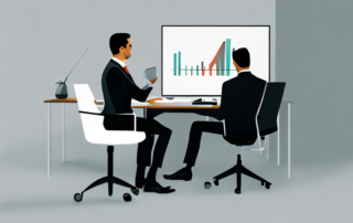 Professioneller Geschaeftsleute-Dialog in modernem Buero mit offenem Kommunikationsstil.