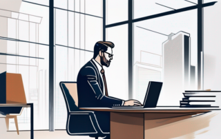 Professioneller in Business Kleidung im modernen Buero bei fokussierter Diskussion mit Dokumenten und Laptop am Tisch.