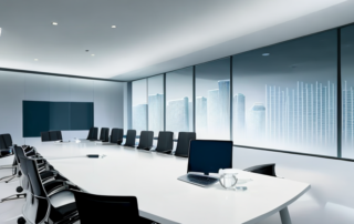 Selbstbewusster Businessprofi in modernem Buero bei fokussierter Diskussion mit Charts und Graphen auf Laptop.