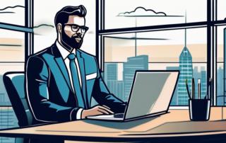 Selbstbewusster Profi im Buero mit Laptop und Stadtblick.