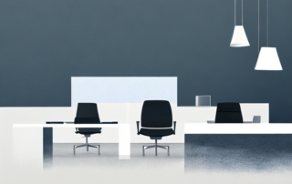 Professionelle Geschaeftsumgebung mit selbstbewusster Person, die Dokumente praesentiert, moderne Bueromoebel und grosse Fenster.