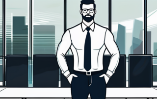 selbstbewusster business professional im modernen buero mit eleganter deko und panoramafenstern fuer wichtige gespraeche