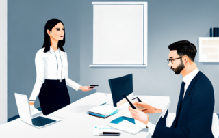 dynamisches Bild eines gut gekleideten Profis in einem 1-zu-1-Coachinggespraech im modernen Buero