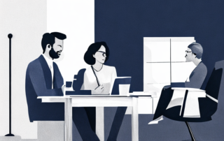 Coach bei Einzelberatung mit Kunde, kollaborative Strategien und persoenliche Beratung, modernes Buero.