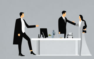 Professionelles Setting, Person schuettelt zuversichtlich Haende mit Coach im modernen Buero, Motivationsposter und minimalistischer Schreibtisch im Hintergrund.