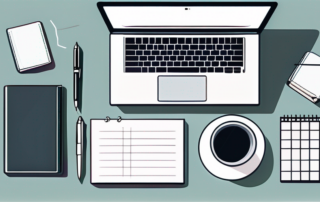 Polierter Arbeitsplatz mit Laptop, Notizblock und Stift, ideal zum Nachdenken ueber Gehaltsvorstellungen.