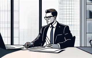 Selbstbewusste Person im Anzug am Buero schreibtisch mit Laptop und Kaffee in modernem Buero mit grossem Fenster.