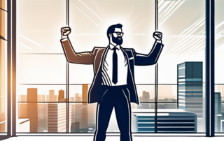 erfolgreicher Profi in Businesskleidung hebt triumphierend die Faust im modernen Buero mit Stadtblick