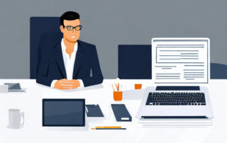 Selbstbewusster Business-Profi im modernen Buero, Laptop und ordentliche Dokumente fuer Erfolg und Verhandlung.